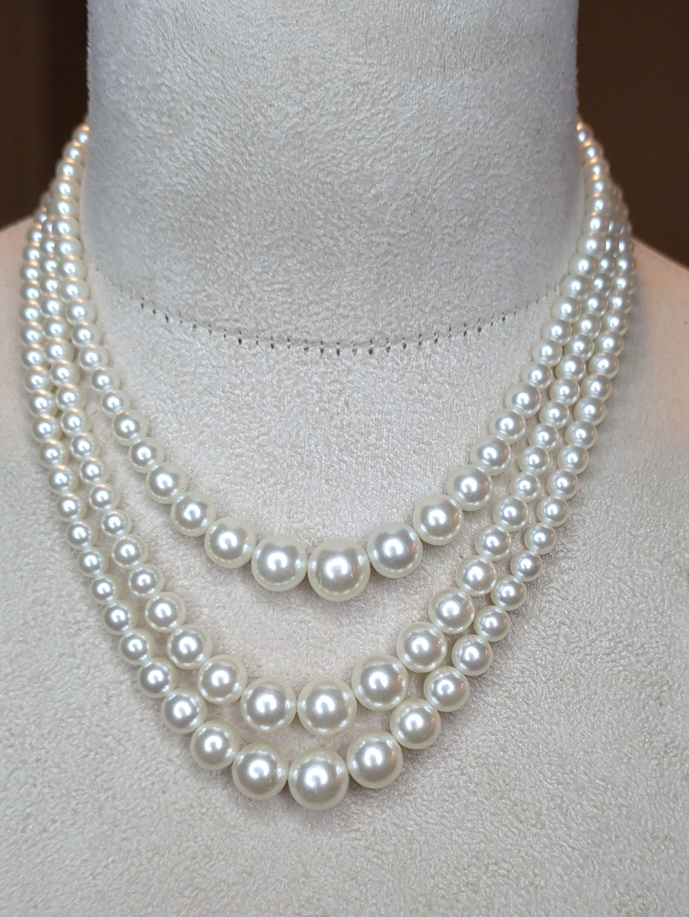 Vintage 60s Three-Strand White Faux Pearl Necklace Japan Classic Layered MCM